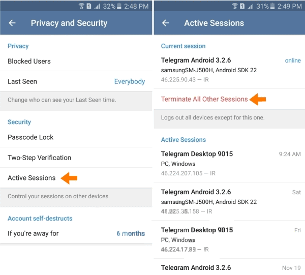 telegram,Terminate All Other Sessions,تلگرام,لغو دسترسي,آموزش لغو دسترسی دستگاه های دیگر از تلگرام شما,terminate all other sessions at telegram,مسنجر تلگرام
