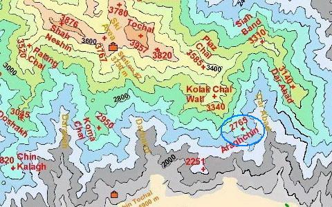 موقعیت قله عرق چین در نقشه توپوگرافی