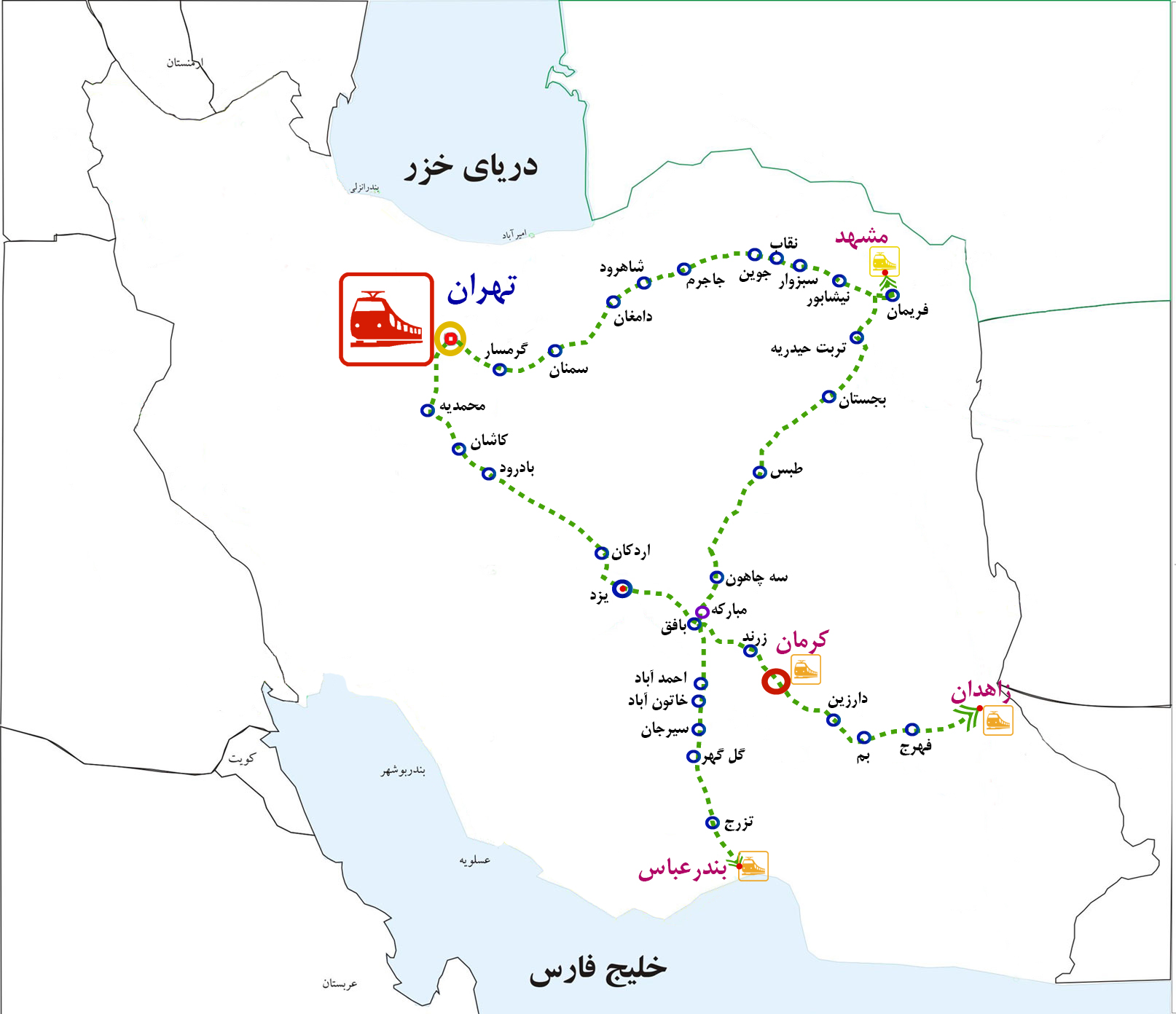 نقشه قطار طهران به کرمان