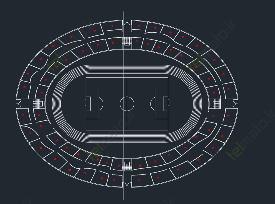 دانلود پلان آماده و نقشه طراحی شده استادیوم در نرم افزار اتوکد autocad + فایل